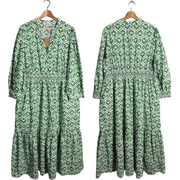 Boden Elena Cotton Tiered Midi Dress Womens 16-18 Paradise Green Ivy Trellis NWT - Picture 3 of 16